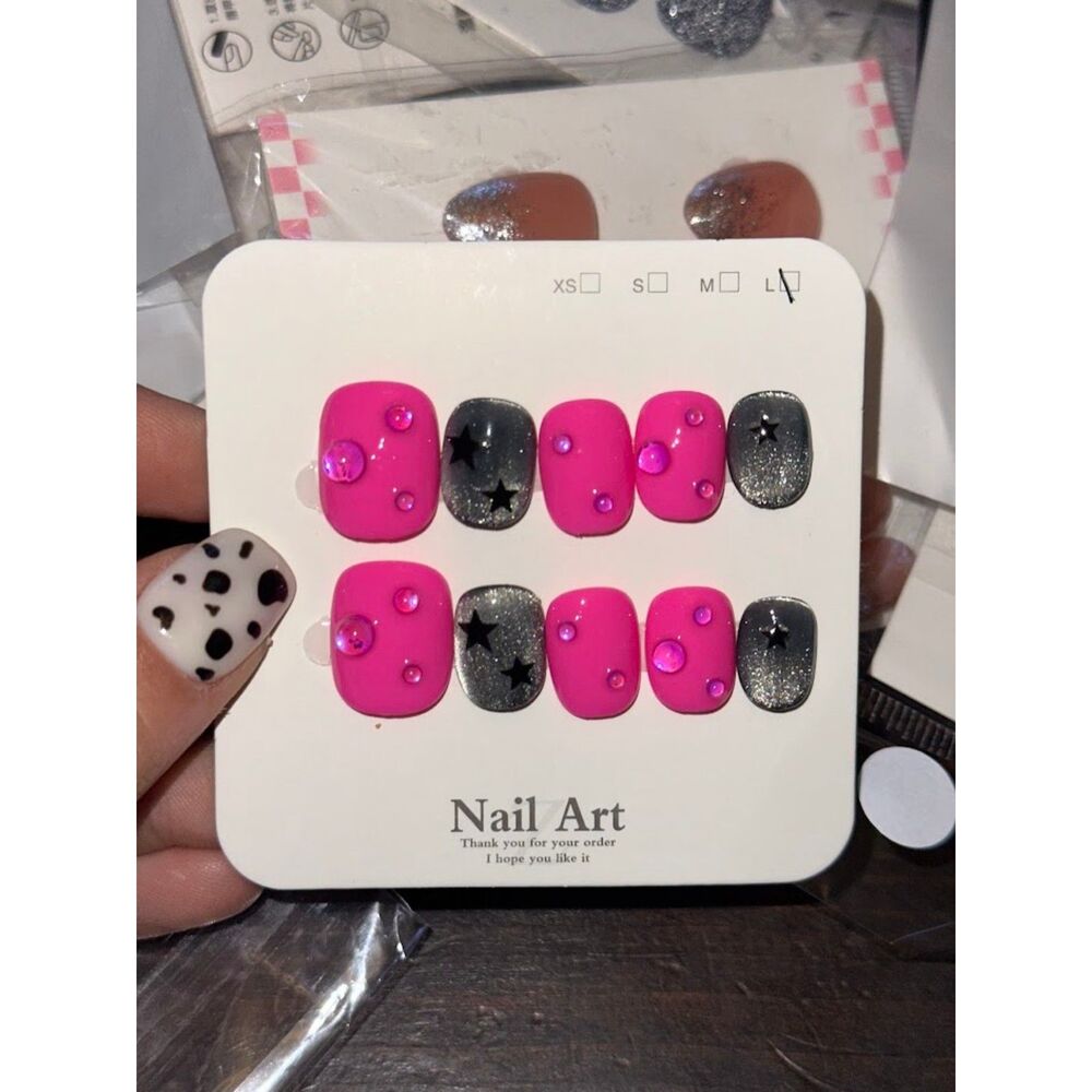 Pink & Gray Cateye Nubby Round Press On Nails Size Large